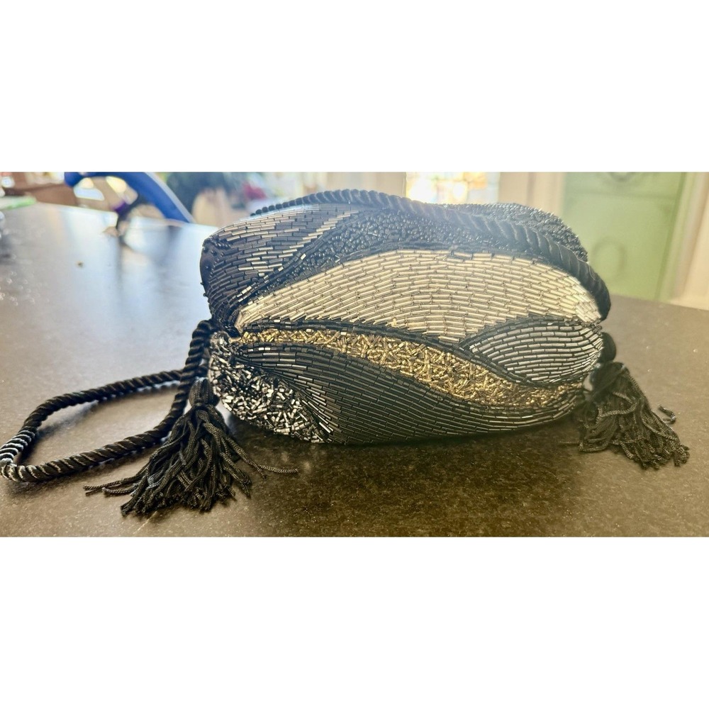 Art Deco Beaded Shoulder Bag Black Silver Gold Evening Formal with Tassel